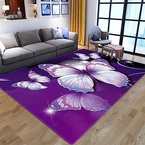 Xisnuient Kinder Teppich Mädchen 3D Lila Schmetterling Flächenteppich Schlafzimmer Dekor Teenager Groß rutschfest Bequem Boden Freizeitmatte (Farbe 2,100x150 cm) von Xisnuient