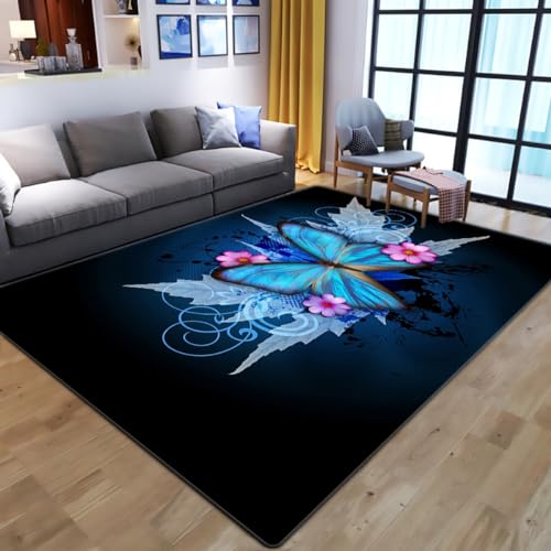 Xisnuient Kinder Teppiche 3D Doodle Schmetterling Blume Muster Jungen MäDchen Wohnzimmer Teppich Kids Zimmer Spiel Flauschiger Carpet Waschbar KüChe Bad Anti-Rutsch-FußMatte (Schwarz,100x150 cm) von Xisnuient