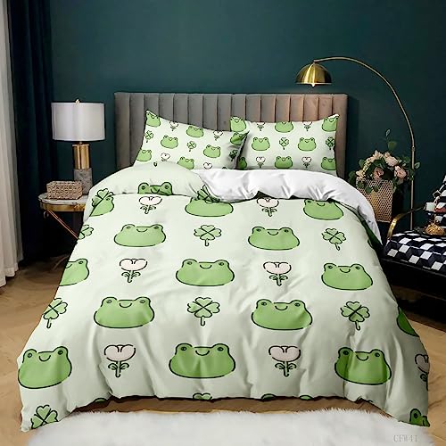 Xisnuient Lovely Cartoon Frosch Muster Kinderbettwäsche 2/3 Stück Beige Grün Bettwäsche Set Jungen und Mädchen Bequem Mikrofaser Schlafzimmer Schlafen Bettbezug und Kissenbezug (Farbe 2,135 x 200 cm) von Xisnuient