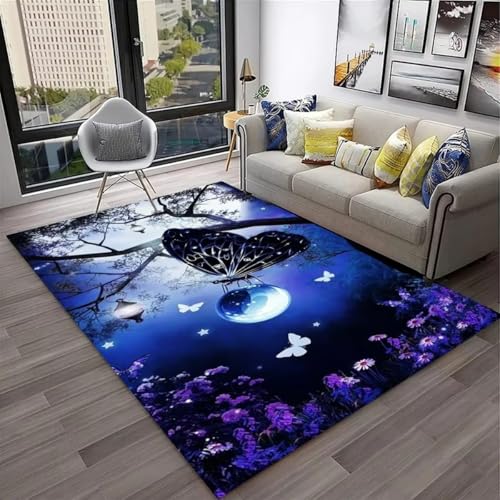 Xisnuient Schmetterlings Blumenmotiv Flanell-Teppiche Moderner Deko-Teppich Blau Violett Wohnzimmer Teppich Weich Mädchen Nachtvorleger Spielmatte rutschfest Waschbar Badematte (Color 1,100x200 cm) von Xisnuient
