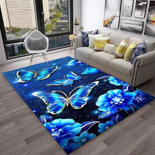 Xisnuient Schmetterlings Blumenmotiv Flanell-Teppiche Moderner Deko-Teppich Blau Violett Wohnzimmer Teppich Weich Mädchen Nachtvorleger Spielmatte rutschfest Waschbar Badematte (Color 1,160x230 cm) von Xisnuient