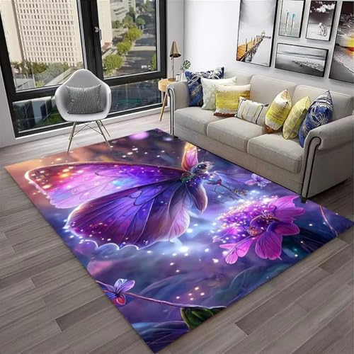 Xisnuient Schmetterlings Blumenmotiv Flanell-Teppiche Moderner Deko-Teppich Blau Violett Wohnzimmer Teppich Weich Mädchen Nachtvorleger Spielmatte rutschfest Waschbar Badematte (Color 2,100x200 cm) von Xisnuient