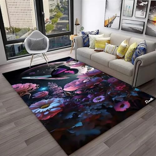 Xisnuient Schmetterlings Blumenmotiv Flanell-Teppiche Moderner Deko-Teppich Blau Violett Wohnzimmer Teppich Weich Mädchen Nachtvorleger Spielmatte rutschfest Waschbar Badematte (Color 3,120x160 cm) von Xisnuient
