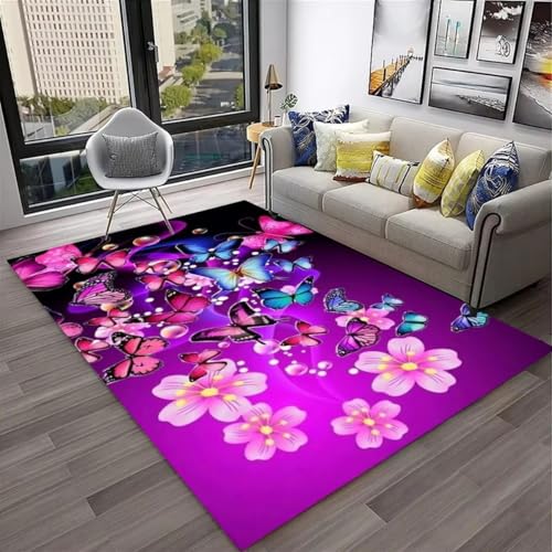 Xisnuient Schmetterlings Blumenmotiv Flanell-Teppiche Moderner Deko-Teppich Blau Violett Wohnzimmer Teppich Weich Mädchen Nachtvorleger Spielmatte rutschfest Waschbar Badematte (Color 4,50x80 cm) von Xisnuient