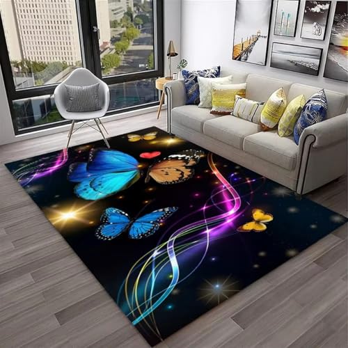 Xisnuient Schmetterlings Blumenmotiv Flanell-Teppiche Moderner Deko-Teppich Blau Violett Wohnzimmer Teppich Weich Mädchen Nachtvorleger Spielmatte rutschfest Waschbar Badematte (Color 5,120x180 cm) von Xisnuient