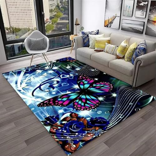 Xisnuient Schmetterlings Blumenmotiv Flanell-Teppiche Moderner Deko-Teppich Blau Violett Wohnzimmer Teppich Weich Mädchen Nachtvorleger Spielmatte rutschfest Waschbar Badematte (Color 6,140x200 cm) von Xisnuient