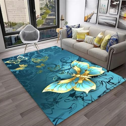 Xisnuient Schmetterlings Blumenmotiv Flanell-Teppiche Moderner Deko-Teppich Blau Violett Wohnzimmer Teppich Weich Mädchen Nachtvorleger Spielmatte rutschfest Waschbar Badematte (Color 6,160x230 cm) von Xisnuient