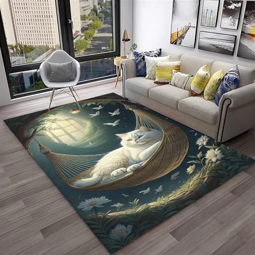 Xisnuient Teppich Wohnzimmer 3D Tier Katze Kätzchen Muster Teenager Kind Junge Mädchen Schlafzimmer Carpet rutschfeste Dekoration Nachttisch Teppiche Flanell Kinder Spielmatte (Grün,120x180 cm) von Xisnuient