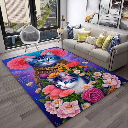 Xisnuient Teppich Wohnzimmer 3D Tier Katze Kätzchen Muster Teenager Kind Junge Mädchen Schlafzimmer Carpet rutschfeste Dekoration Nachttisch Teppiche Flanell Kinder Spielmatte (Lila,160x200 cm) von Xisnuient
