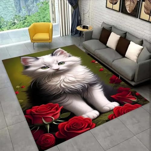 Xisnuient Teppich Wohnzimmer 3D Tier Niedliches Katzen Muster Teenager Kind Junge Mädchen Schlafzimmer Nachttischteppich rutschfeste Dekoration Teppiche Flanell Kinder Spielmatte (Rot,120x160 cm) von Xisnuient