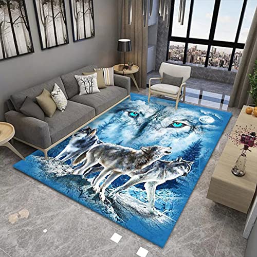 Xisnuient Teppich mit 3D-Tier Junge Mädchen Schlafzimmer Flanell Rug für Wohnzimmer Moderne rutschfeste Bodenmatte Kinder Baby Spielunterlage,Löwe Tiger Flamingo Gepard Wolf Druck (Blau,160x200 cm) von Xisnuient