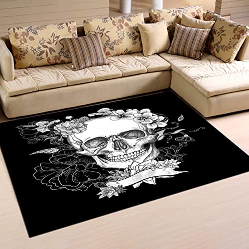 Xisnuient Totenkopf Blumenteppich Groß Wohnzimmer Schlafzimmer Teppich Schwarz Grau rutschfest Waschbar Gothic Stil Totenschädel Herrenzimmer Teppich Fußmatte Badezimmermatte (Muster 1,80x120 cm) von Xisnuient