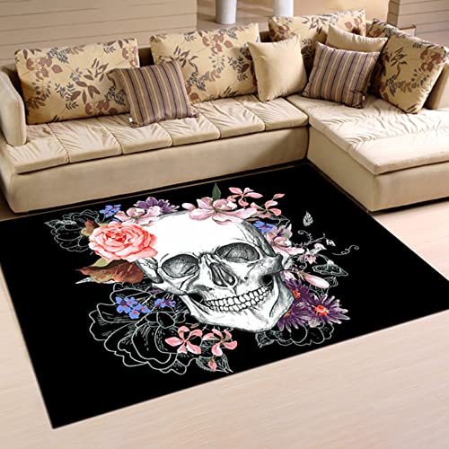 Xisnuient Totenkopf Blumenteppich Groß Wohnzimmer Schlafzimmer Teppich Schwarz Grau rutschfest Waschbar Gothic Stil Totenschädel Herrenzimmer Teppich Fußmatte Badezimmermatte (Muster 3,120x180 cm) von Xisnuient