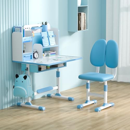 Xisulay Kindertisch und Stühle, höhenverstellbarer Kinderschreibtisch, Lerntisch-Stuhl-Set mit Sitzkorrektur, Kunsttisch für Jungen und Mädchen, Kinderschreibtisch mit Stauraum und Schubladen für von Xisulay