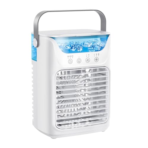 4 in 1 Tragbarer Klimaanlagen Lüfter, 700ML 3-Gang-Luftkühler Luftbe Feuchter mit 2 Kaltem Nebel, 3 Automatisches Timing, USB-betriebener Eisluft Kühler für Schreibtisch Büro von Xiuganpo