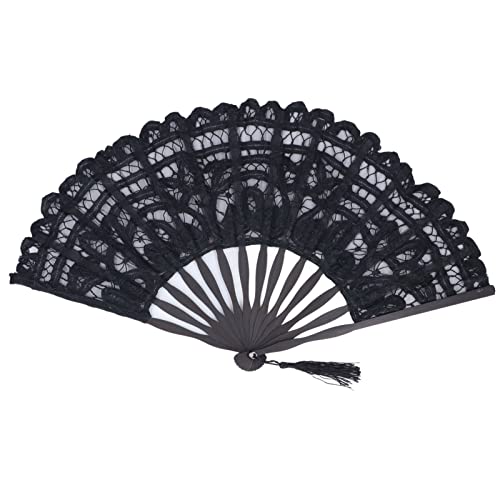 Xiuganpo Fan, Faltbare Handfan für Frauen, Einzigartiges Design Hallow -Spitze, Leichte Tragbare Seidenfans mit Quasten, Faltbare Fan für, Kirche, Musikfestival, Party (BLACK) von Xiuganpo