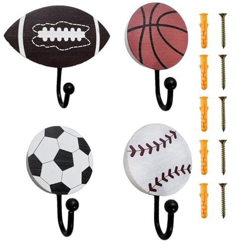 Xiuhusha Wandgarderoben-Set mit Sportmotiven, Baseball-, Fußball-, Basketball-, Holz- und Metallhandtuchaufhänger, Schrauben im Lieferumfang enthalten, perfekt für Sport-Fans, Raumdekoration, 4 Stück von Xiuhusha