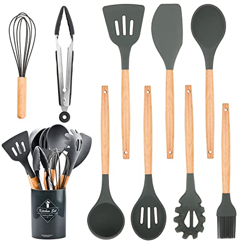 Xiumeso Silikon Kochlöffel Set, 9 Stücke küchenutensilien küchenzubehör, Antihaftes Hitzebeständiges Küchenhelfer Set mit Holzgriff, BPA-frei, Silikon-Kochbesteck-Set zum Backen & Servieren von Xiumeso