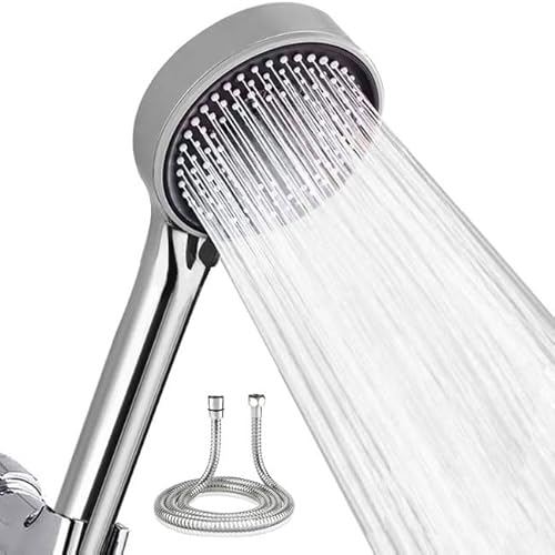 Hochdruck Duschkopf mit Schlauch 2m, wassersparender Handbrause mit 5 Strahlarten (Relaxation Version), Duschbrause mit Antikalk-Funktion, runde Duschbrause (120 mm), Chrom von Xixitaihao
