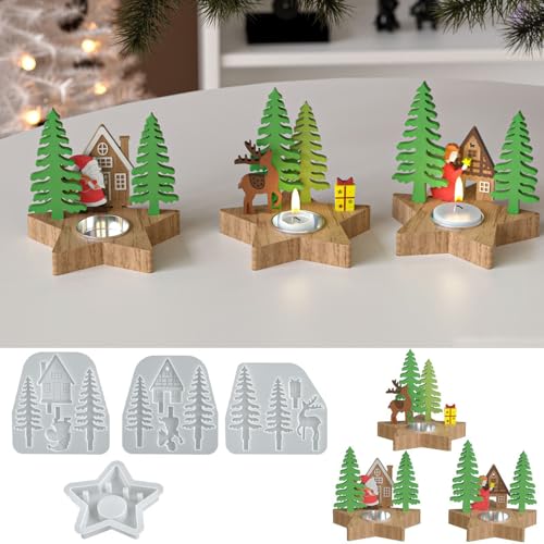 4 Stück Weihnachten Silikonformen Kerzenhalter,DIY Weihnachtsbaum Rentier Engel Epoxidharzform,Wiederverwendbar Gieß Form Silikonform Teelicht für Kerzenständer von Xiyocadt