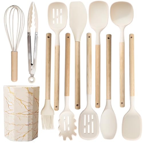 Küchenhelfer Set,12 Stück Silikon Kochutensilien Kochbesteck Set,Hitzebeständiger Kochgeschirr mit Utensilienhalter,Antihaft Kochset Küchenutensilien Spülmaschinengeeignet (Weiß,A) von Xiyocadt