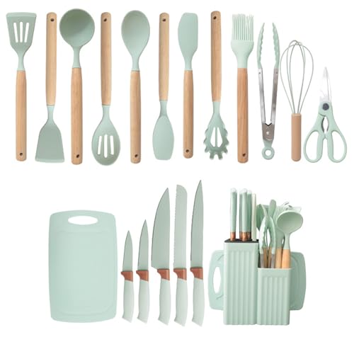 Küchenmesser Set,19 Stück Küchen Kochutensilien Set,Silikon Küchenutensilien mit 5 Teiligs Messersets und 1 Schere,Antihaft Kochset Küchenutensilien,Spülmaschinenfest (Wassergrün) von Xiyocadt
