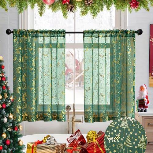 Weihnachtlicher Kurzer Transparenter Vorhang Für Die Küche, Weihnachtsgardinen Kurz Rot Leinenoptik Transparent ösenvorhang, 2er Set H 78 X B 63.5 Cm Mit Goldernem Muster Vorhang (Grün,B63.5*H63 CM) von Xiyocadt