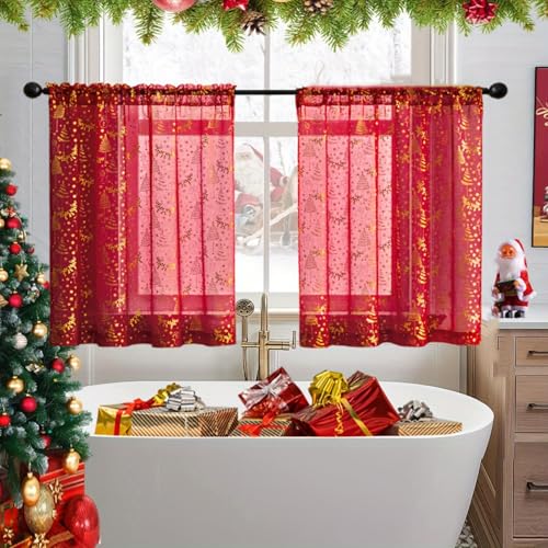 Weihnachtlicher Kurzer Transparenter Vorhang Für Die Küche, Weihnachtsgardinen Kurz Rot Leinenoptik Transparent ösenvorhang, 2er Set H 78 X B 63.5 Cm Mit Goldernem Muster Vorhang (Rot,B63.5*H63 CM) Weihnachtlicher Kurzer Transparenter Vorhang Für Die Küche, Weihnachtsgardinen Kurz Rot Leinenoptik Transparent ösenvorhang, 2er Set H 78 X B 63.5 Cm Mit Goldernem Muster Vorhang (Rot,B63.5*H63 CM) von Xiyocadt
