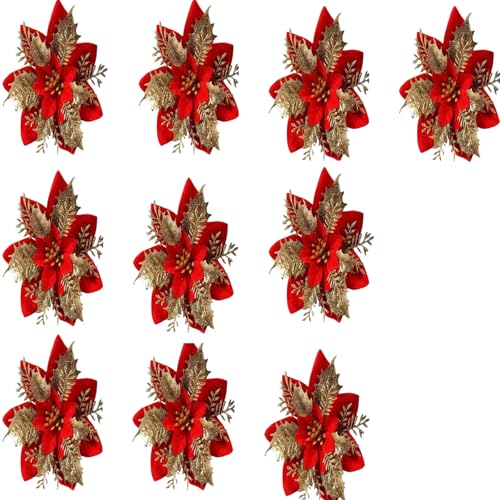 Xiyocadt 10 Stück Glitzer Weihnachtsblumen mit Clips Künstliche Kunststoff Weihnachtsstern Blumen Christbaumschmuck für Weihnachtsbaum Türrahmen Fenster Garten Zaun (Rotes Gold) von Xiyocadt