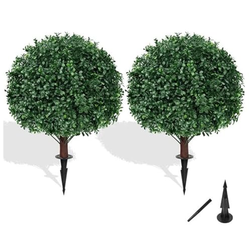 Xiyocadt 2er Set Künstlicher Buchsbaumkugeln, 60 cm Kunstpflanze mit Erdspieß, Künstliche Plastikpflanzen Deko mit UV-Schutz für Wohnzimmer Büro Garten (Dunkelgrün) von Xiyocadt