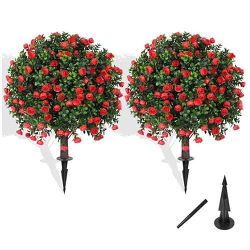 Xiyocadt 2er Set Künstlicher Buchsbaumkugeln, 60 cm Kunstpflanze mit Erdspieß, Künstliche Plastikpflanzen Deko mit UV-Schutz für Wohnzimmer Büro Garten (Rosen) von Xiyocadt