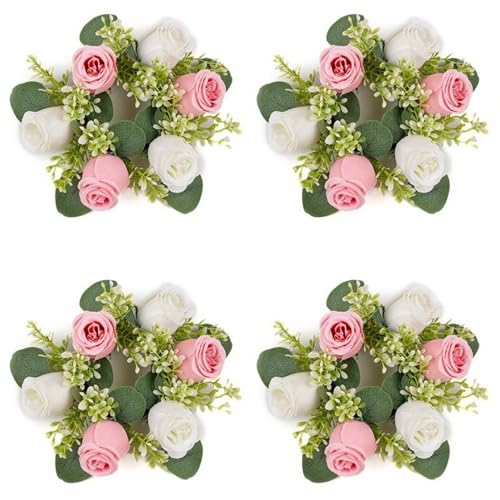 Xiyocadt 4 Stück Kerzenring, 21 cm Eukalyptus Kranz Künstlich, Rosenblüte Kerze Kranz für Hochzeit Mittelstücke Home Party Tischdekoration (Rosa) von Xiyocadt