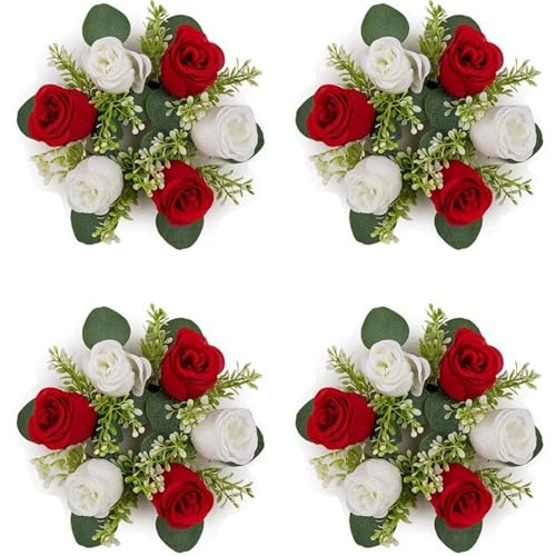 Xiyocadt 4 Stück Kerzenring, 21 cm Eukalyptus Kranz Künstlich, Rosenblüte Kerze Kranz für Hochzeit Mittelstücke Home Party Tischdekoration (Rot) von Xiyocadt