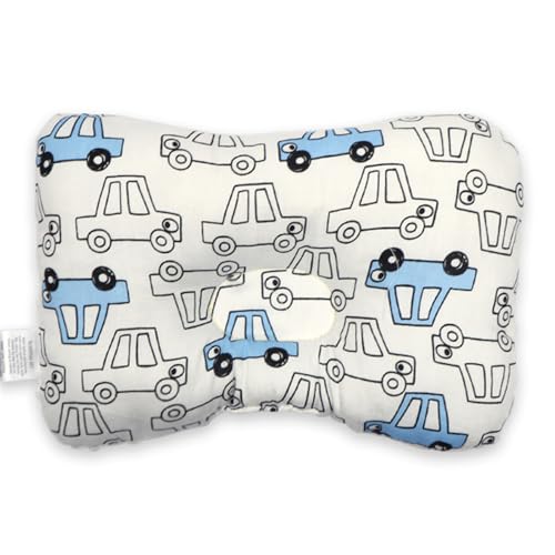 Xiyocadt Babykissen Gegen Plattkopf, Babyissen,Kindkissen Zu Flathead Babykissen,0-12 Monate Neugeborenes Memory Foam Reisekissen, Babyerwagen, Autositz (28 * 20 * 5cm,Weißes und Blaues Auto) von Xiyocadt