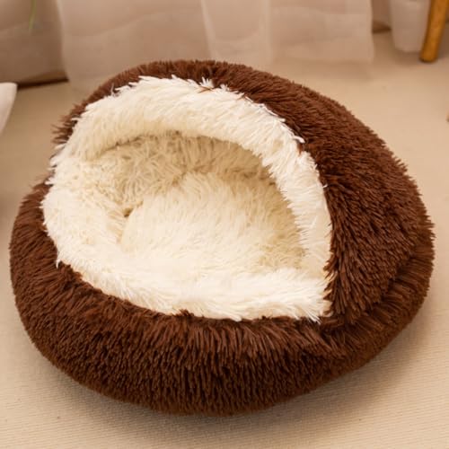 Xiyocadt Halbgeschlossener Hundebett,Flauschiges Hundehütte,Warmes kuscheliges Weiches Plüsch Winterbett,rutschfeste Unterseite, für Kleine, Mittelgroße Katzen, Hundede (60cmx60cm,braun) von Xiyocadt