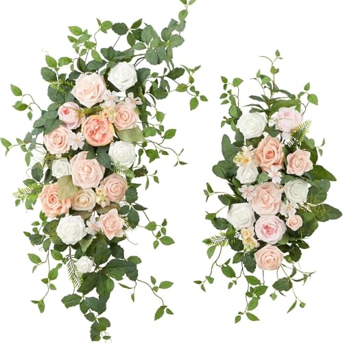 Xiyocadt Künstliches Hochzeitsbogen Blumen Set, künstliche Rosen Blumen Swag, Dekorative Girlande mit Rosen Pfingstrose, Eukalyptus Blättern, künstliche Blumen Girlande mit Bändern (Hellrosa) von Xiyocadt