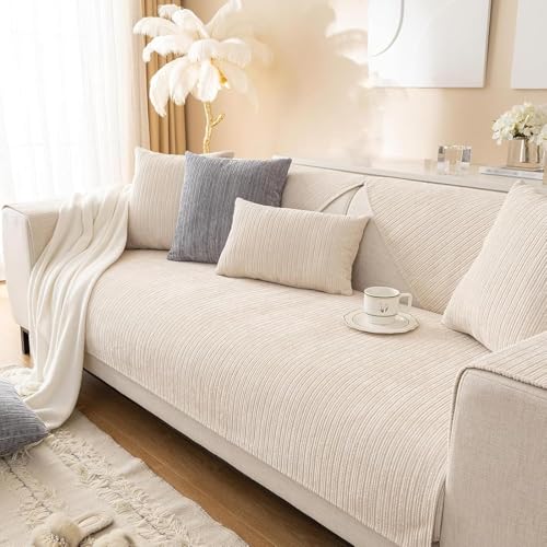 Xiyocadt Solid gestreifte texturierte Chenille Sofa Abdeckungen,einfache gestreifte Chenille Anti Kratzer Couch Abdeckung (35"x82"/90x210cm,Beige) von Xiyocadt
