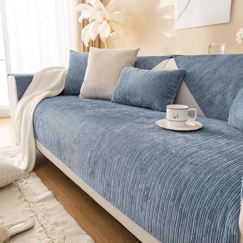 Xiyocadt Solid gestreifte texturierte Chenille Sofa Abdeckungen,einfache gestreifte Chenille Anti Kratzer Couch Abdeckung (35"x82"/90x210cm,Blue) von Xiyocadt