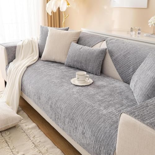 Xiyocadt Solid gestreifte texturierte Chenille Sofa Abdeckungen,einfache gestreifte Chenille Anti Kratzer Couch Abdeckung (35"x82"/90x210cm,Light Gray) von Xiyocadt