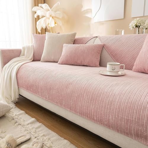 Xiyocadt Solid gestreifte texturierte Chenille Sofa Abdeckungen,einfache gestreifte Chenille Anti Kratzer Couch Abdeckung (43"x43"/110x110cm,Pink) von Xiyocadt