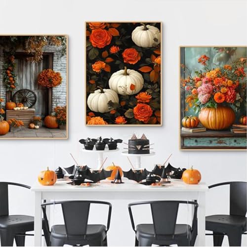 Xiyocadt Thanksgiving Leinwand, Rahmenlose Kürbis Ernte Wandbilder, Halloween Poster Herbstdeko, Bilder Aesthetic Wanddeko Wandkunst für Schlafzimmer Wohnzimmer Flur (13x18cm) von Xiyocadt