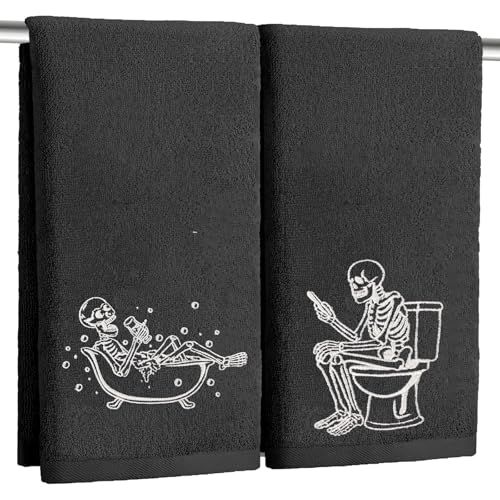 Xkdamai Leuchtende Halloween-Handtücher, Baumwolle, bestickt, Totenkopf, Halloween-Küchentücher, leuchtet im Dunkeln, schwarzes Skelett, Badezimmer-Handtuch-Set, saisonale Badezimmerdekoration von Xkdamai