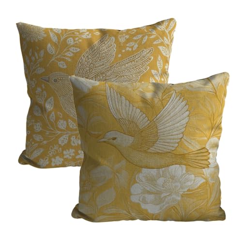 Xkogjo Kissenbezug 65x65cm Gelb Vögel Kissenbezug Wasserdicht Outdoor 2er Set Sofakissen Quadratische Kissenhülle Leinen Dekorative Kissenhülle für Wohnzimmer Balkon Zimmer Garten Terrasse deko L-468 von Xkogjo