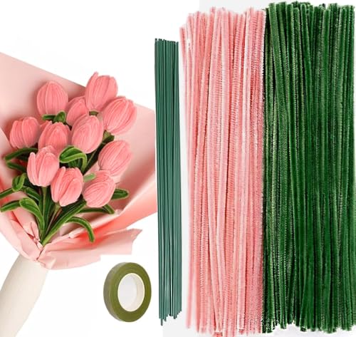 XkuiHF 200pcs Pfeifenreiniger Blumen Set, Rohrreiniger Handwerkszubehör DIY Twisted Rod Bouquet Tulpe Hausgemachtes Material Paket Geschenk zum Muttertag von XkuiHF