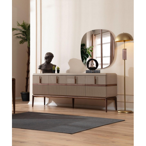 Beige Esszimmer Möbel Luxus Holz Anrichte 4-türig Glas Spiegel 2tlg Set Beige Esszimmer Möbel Luxus Holz Anrichte 4-türig Glas Spiegel 2tlg Set von Xl Moebel