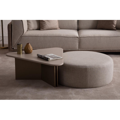 Beiger Wohnzimmer Set Designer Holz Couchtisch Polster Hocker 2tlg Set von Xl Moebel