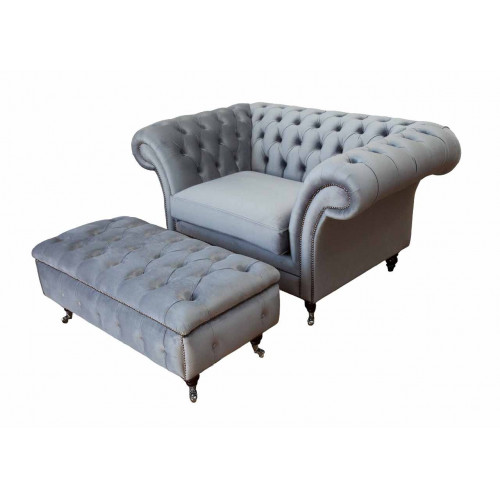 Chesterfield Ohrensessel Hocker Sessel Couch Polster Set Grau Textil von Xl Moebel