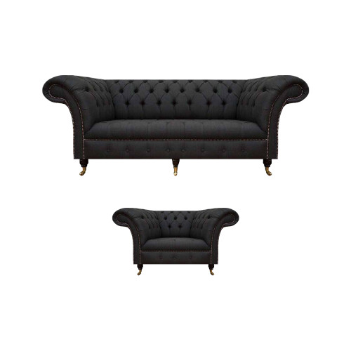 Chesterfield Schwarze Stoffgarnitur Designer 3-Sitzer Polstersessel 2tlg von Xl Moebel