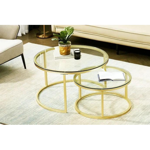 Couchtische 2 Teile Glas Tischplatte Metall goldfarbene Beine Wohnzimmermöbel von Xl Moebel