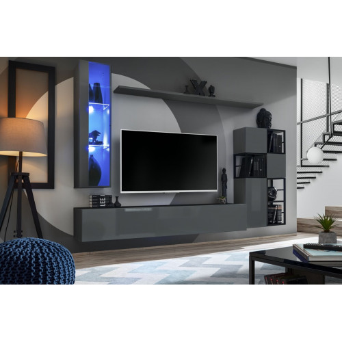 Designer Grau Wohnwand Hänge VitrineTV Ständer Komplett Hochglanz Sideboard von Xl Moebel